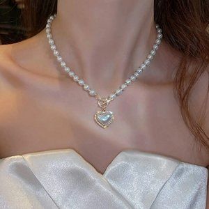 Elegant Faux Pearl and Gold Beaded Heart Charm OT Buckle Necklace